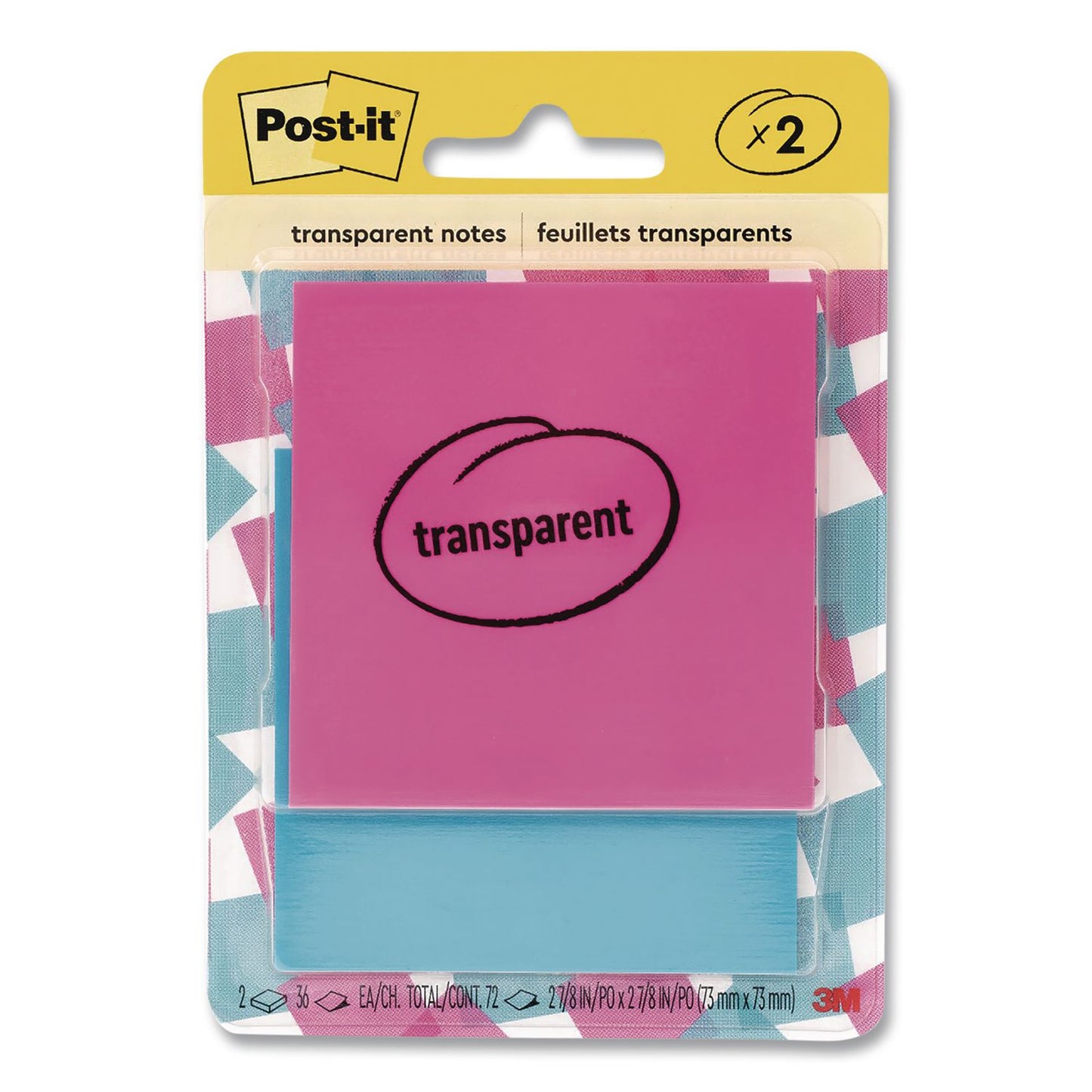 Post-it® Transparent Notes, 2.88" x 2.88", Assorted Colors, 36 Sheets/Pad, 2 Pads/Pack (MMM6002COL)