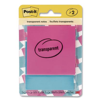 Post-it® Transparent Notes, 2.88" x 2.88", Assorted Colors, 36 Sheets/Pad, 2 Pads/Pack (MMM6002COL)