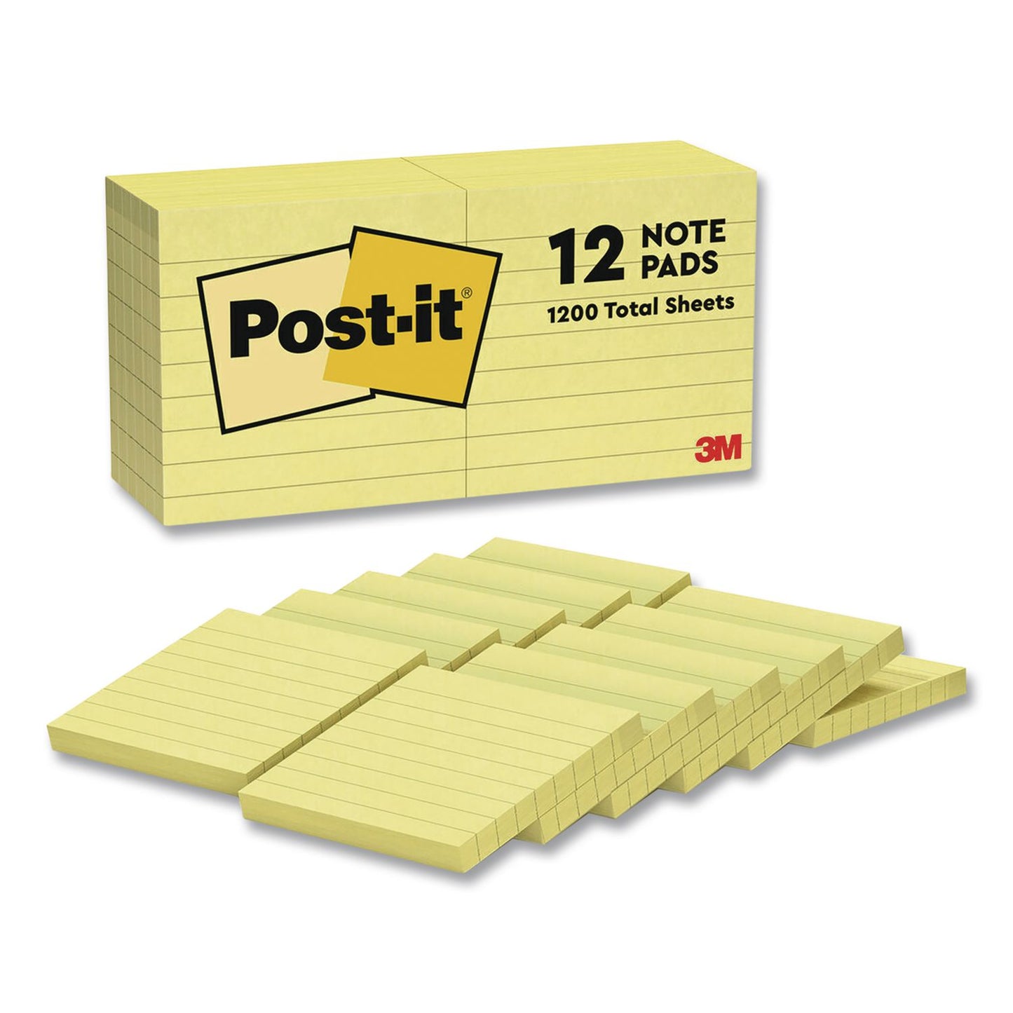 Post-it® Notes Original Pads in Canary Yellow, Note Ruled, 3" x 3", 100 Sheets/Pad, 12 Pads/Pack (MMM63012PK)