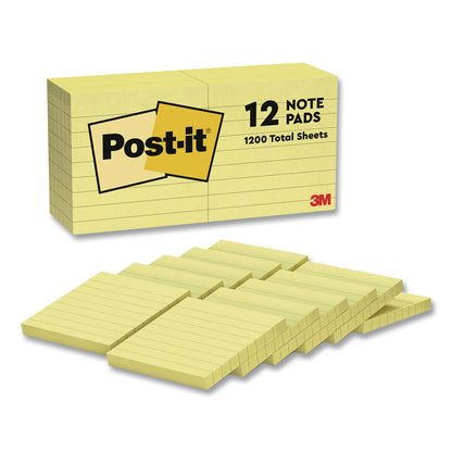 Post-it® Notes Original Pads in Canary Yellow, Note Ruled, 3" x 3", 100 Sheets/Pad, 12 Pads/Pack (MMM63012PK)