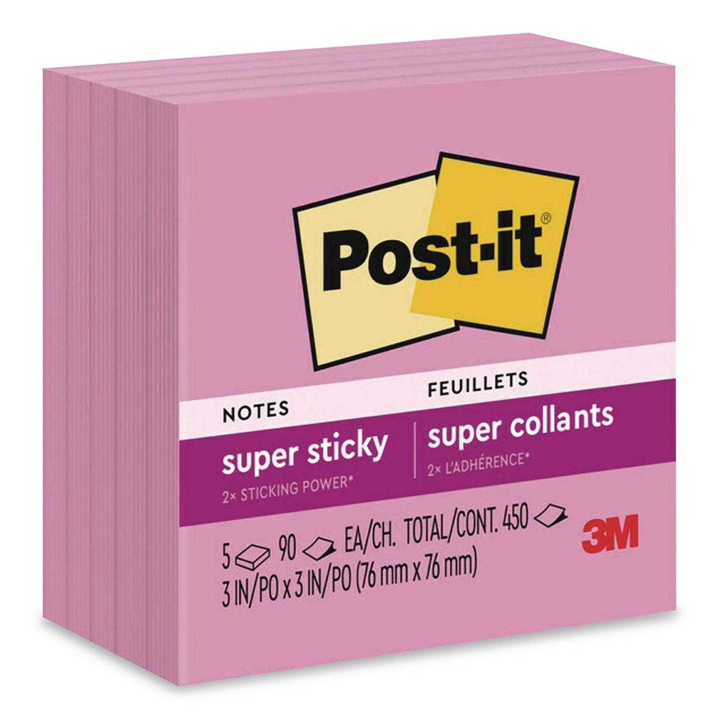 Post-it® Notes Super Sticky Pads in Energy Boost Colors, 3" x 3", Tropical Pink, 90 Sheets/Pad, 5 Pads/Pack (MMM6545SSNP)