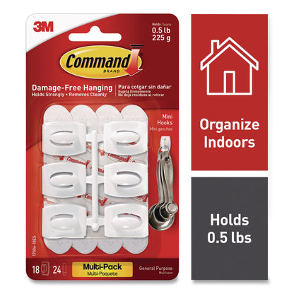 Command™ Mini Hooks, Plastic, White, Supports 0.5 lb, 18/Pack (MMM17006VP)