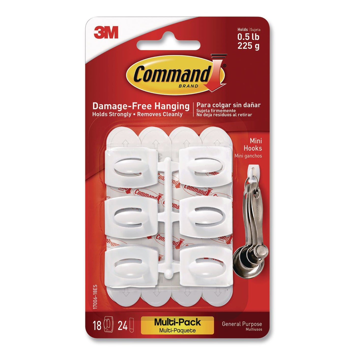 Command™ Mini Hooks, Plastic, White, Supports 0.5 lb, 18/Pack (MMM17006VP)