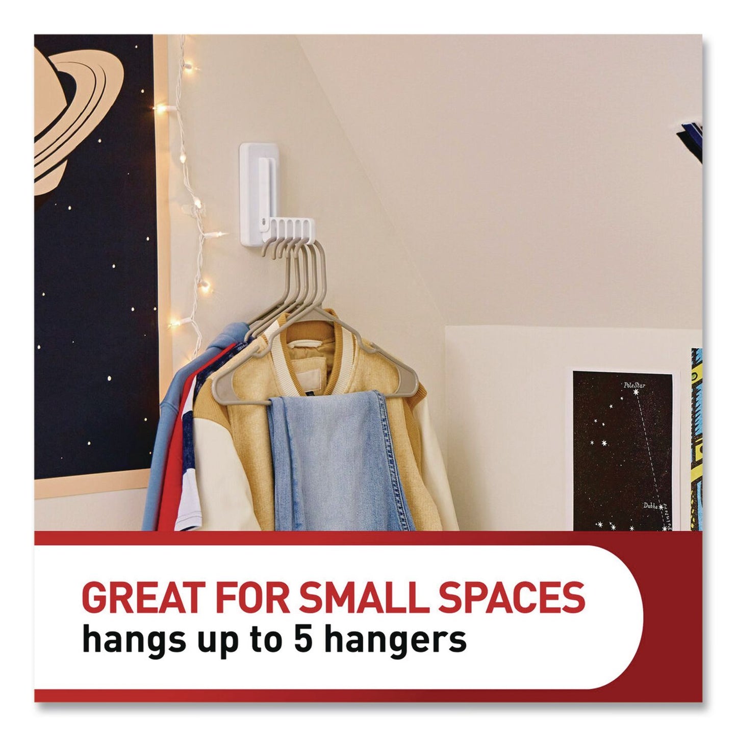 Command™ Folding Clothes Hanger Arm, Individual Slots for Five Clothes Hangers, Plastic, White, Supports 7.5 lb (MMM17029ES)