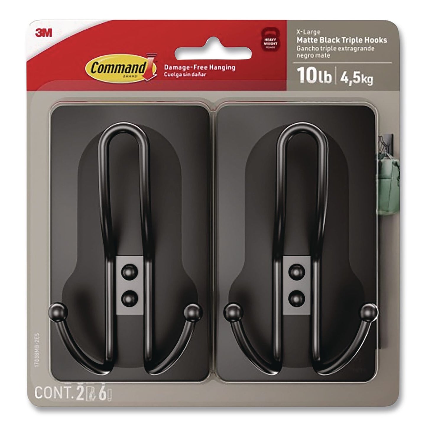 Command™ Decorative X-Large Triple Hooks, Metal, Matte Black, Supports 10 lb, 2/Pack (MMM17038MB2ES)