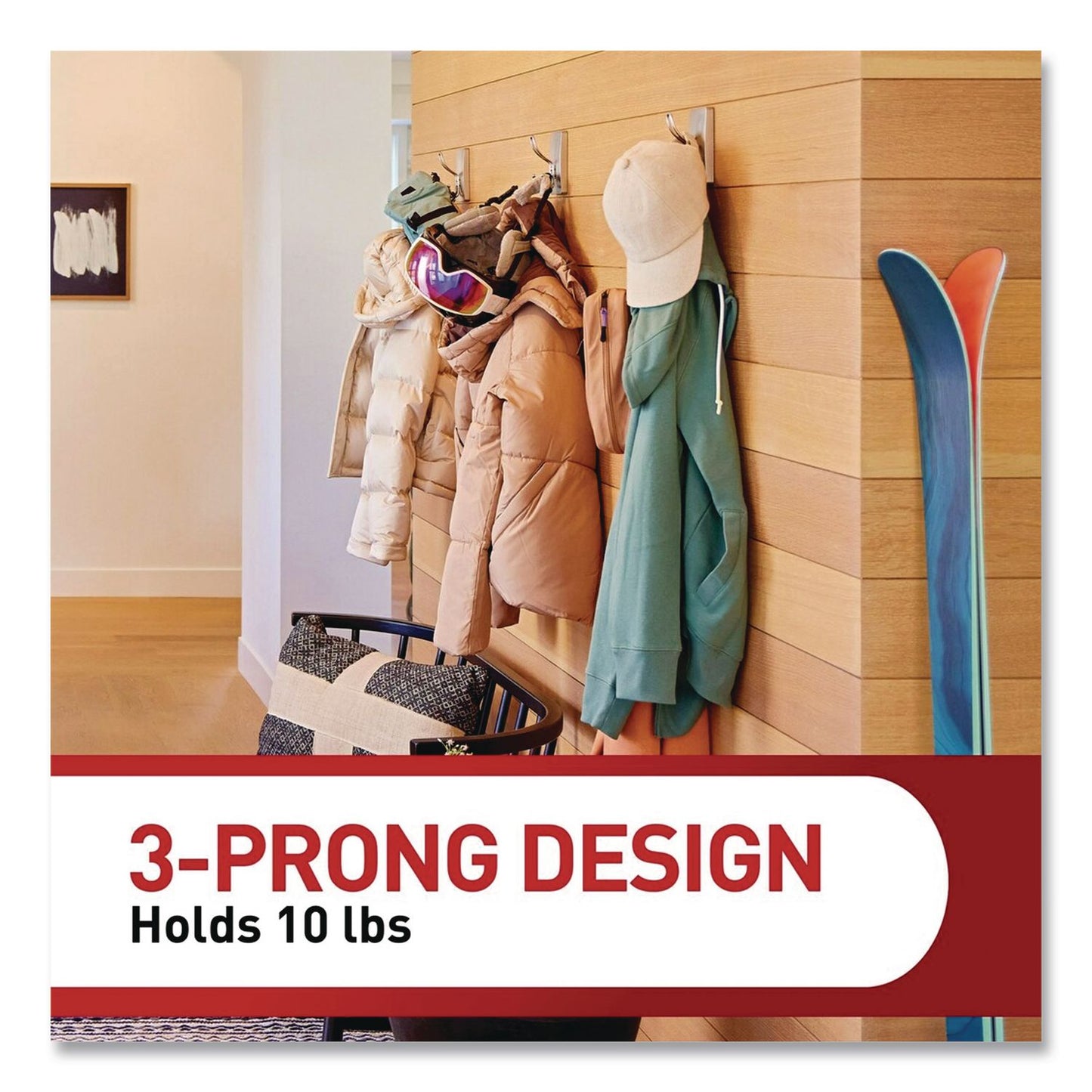 Command™ Decorative X-Large Triple Hooks, Metal, Satin Nickel, Supports 10 lb, 2/Pack (MMM17038N2ES)