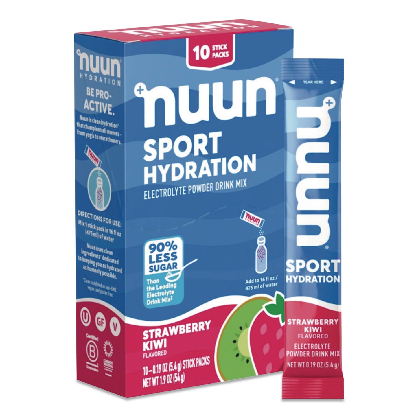 nuun® Sport Hydration Electrolyte Powder Drink Mix, Strawberry Kiwi, 0.19 oz Stick, 10/Box (NUU02394)
