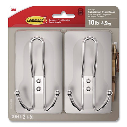 Command™ Decorative X-Large Triple Hooks, Metal, Satin Nickel, Supports 10 lb, 2/Pack (MMM17038N2ES)