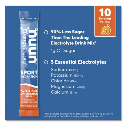nuun® Sport Hydration Electrolyte Powder Drink Mix, All Out Orange, 0.18 oz Stick, 10/Box (NUU02403)