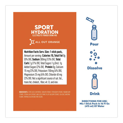 nuun® Sport Hydration Electrolyte Powder Drink Mix, All Out Orange, 0.18 oz Stick, 10/Box (NUU02403)