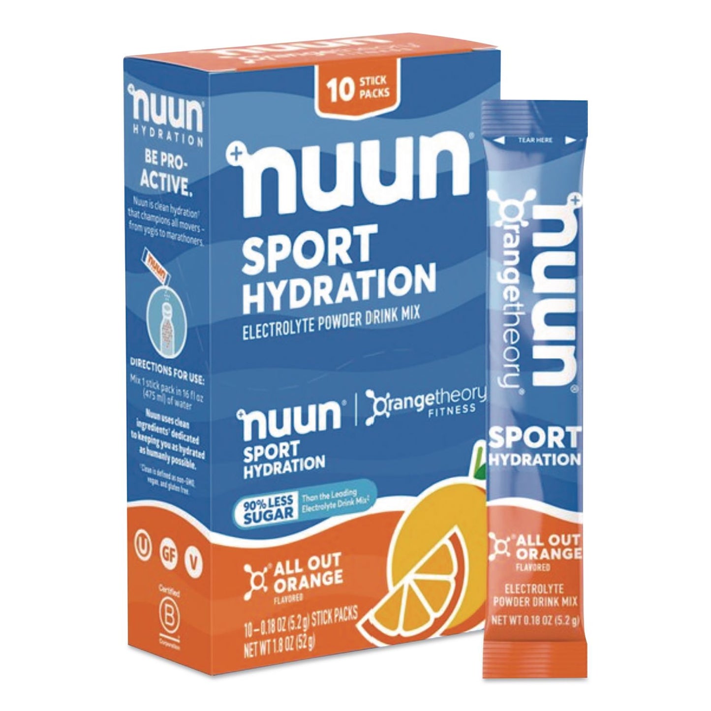 nuun® Sport Hydration Electrolyte Powder Drink Mix, All Out Orange, 0.18 oz Stick, 10/Box (NUU02403)
