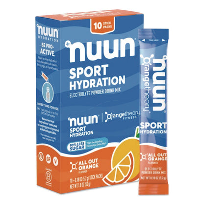 nuun® Sport Hydration Electrolyte Powder Drink Mix, All Out Orange, 0.18 oz Stick, 10/Box (NUU02403)