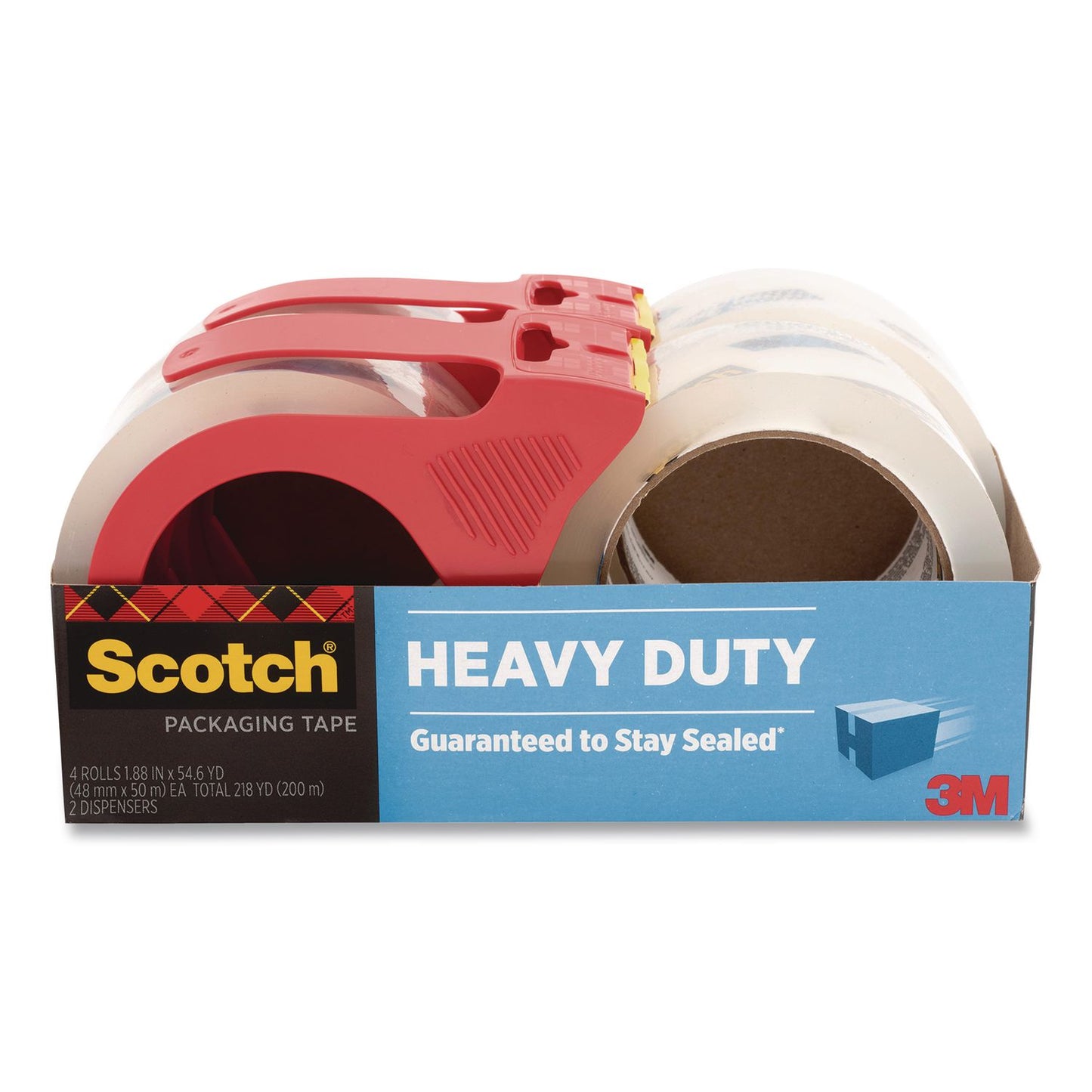 Scotch® Heavy-Duty Packaging Tape with 2 Dispensers, 3"Core, 1.88" x 54.6 yds, Clear, 4 Rolls/Pack (MMM385042RD)