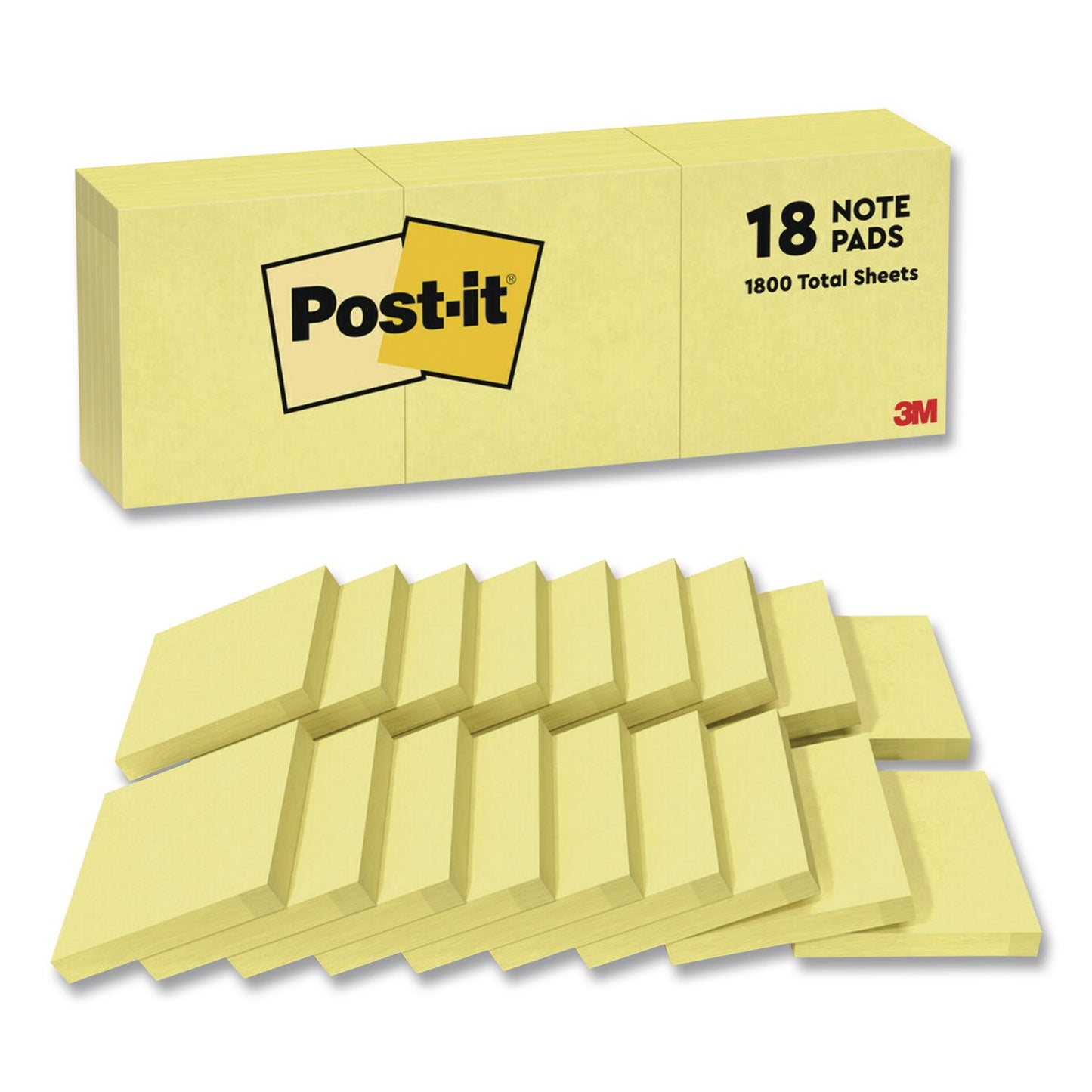 Post-it® Notes Original Pads in Canary Yellow, Note Ruled, 3" x 3", 100 Sheets/Pad, 18 Pads/Pack (MMM654144YW)