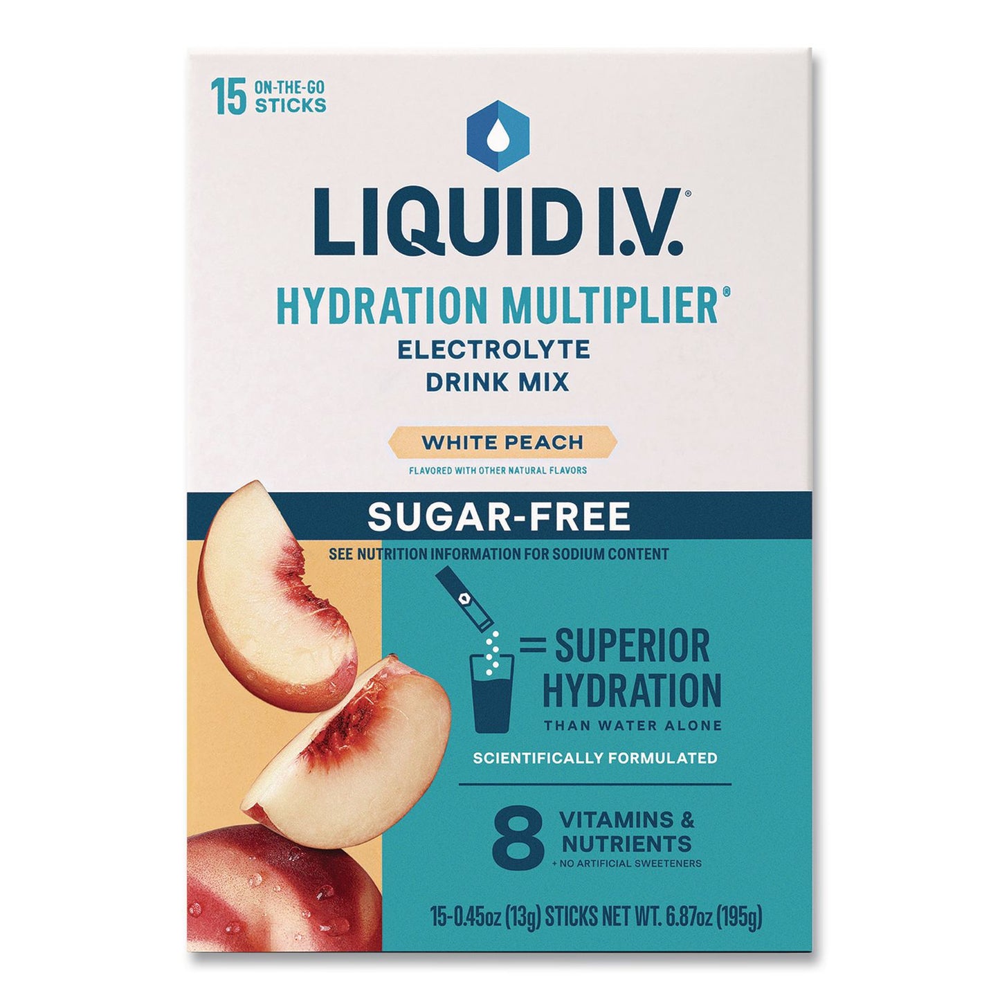 LIQUID I.V.® Sugar-Free Hydration Multiplier, 0.45 oz Stick, Sugar-Free White Peach, 15/Pack (LQVEHC28674)