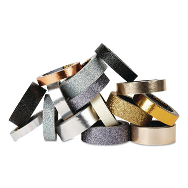 Scotch® Washi Glitter Metallic Tape, Black/Gold/Silver, Assorted Sizes/Colors/Finishes, 15 Rolls/Pack (MMMC101715P6)