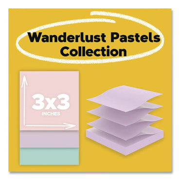 Post-it® Pop-up Notes Super Sticky Recycled Pop-up Notes in Wanderlust Pastel Colors, Cabinet Pack, 3" x 3", Assorted Colors, 70 Sheets/Pad, 18 Pads/Pack (MMMR33018SSNRPC)