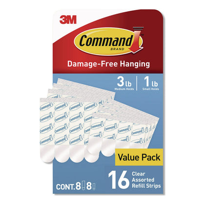 Command™ Damage-Free Hanging Clear Refill Strips, Value Pack Assortment: (8) Medium(0.73" x 2.75"), (8) Small (0.62" x 2.12"), 16/Pack (MMM17200CLR16ES)