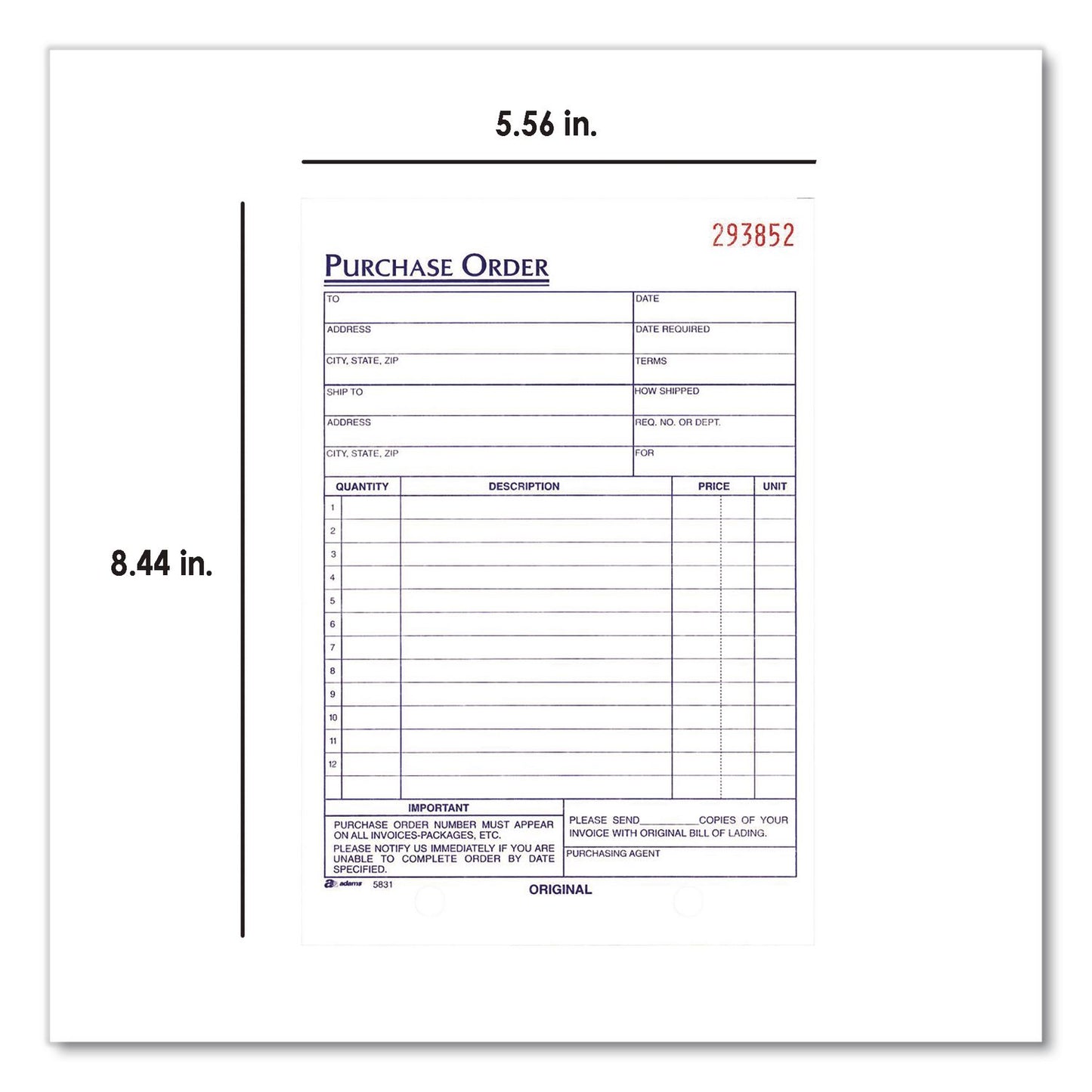 Adams® Multipart Purchase Order Pad, Three Part Carbonless, 5.56 x 8.44, 50 Forms Total (ABFTC583110EA)