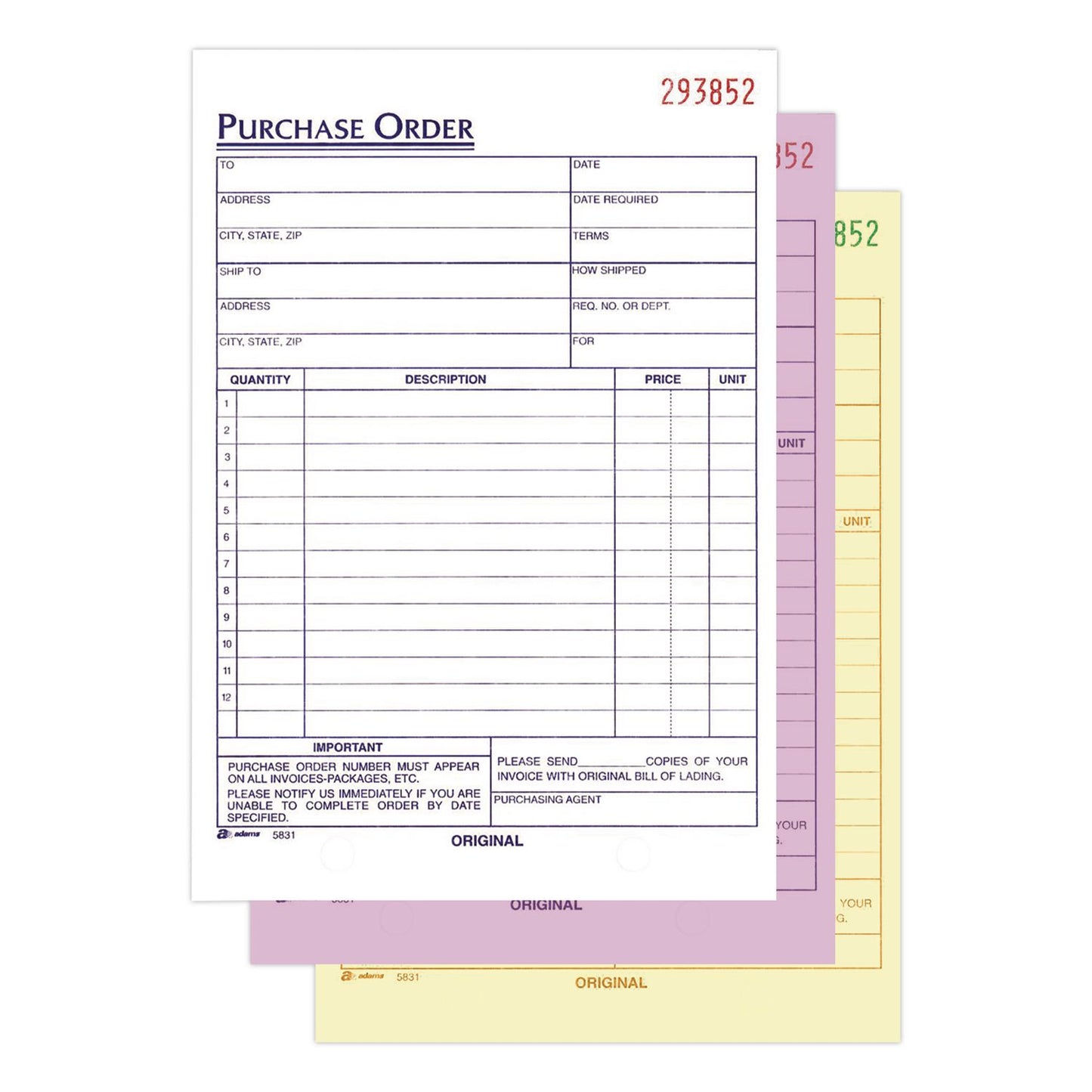 Adams® Multipart Purchase Order Pad, Three Part Carbonless, 5.56 x 8.44, 50 Forms Total (ABFTC583110EA)