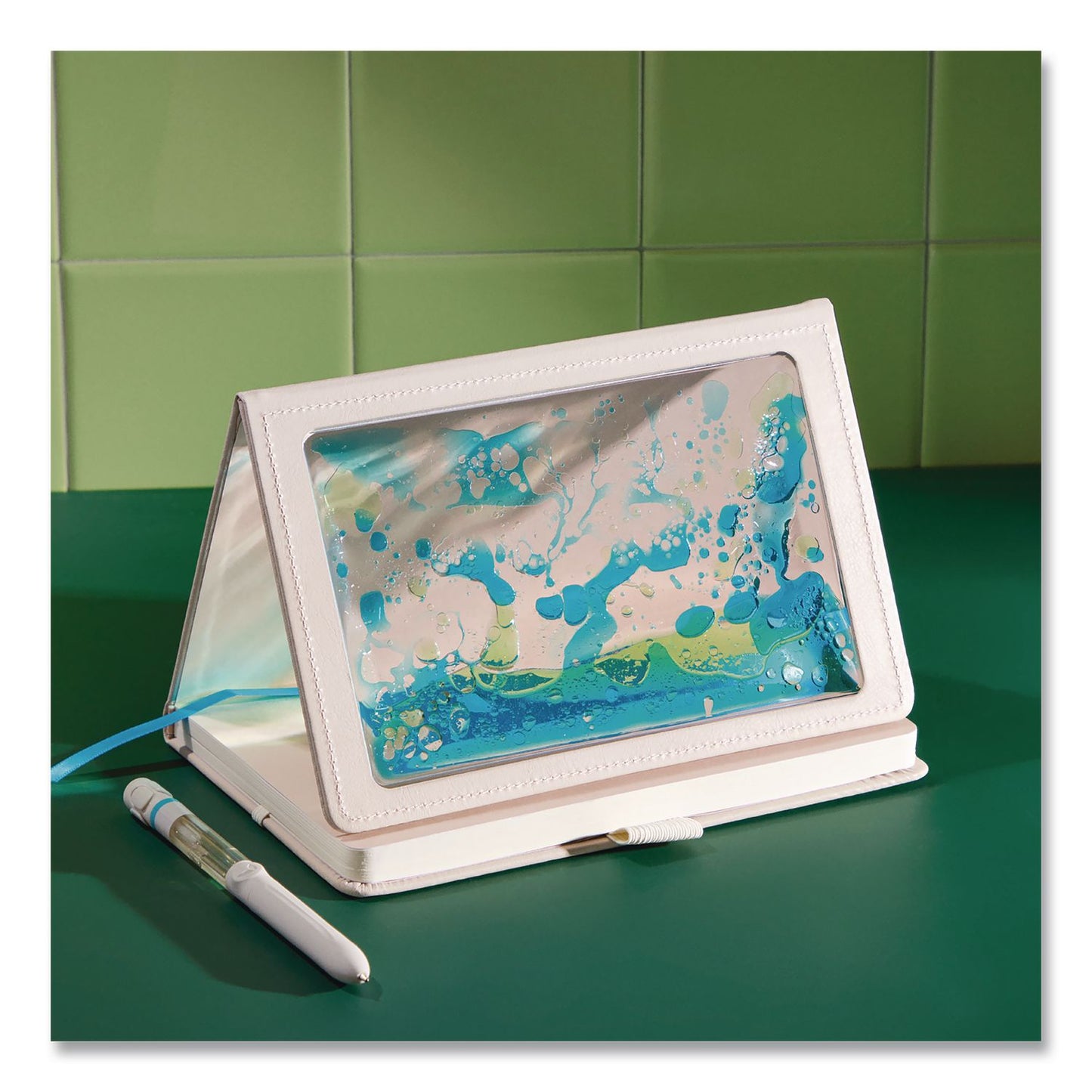 Lifelines® Shake It Up Sensory Journal, Interactive Blue/Green Color-Fusing Oil Ocean, Narrow Rule, Cream Cover, (80) 8 x 5 Sheets (LLN160103)