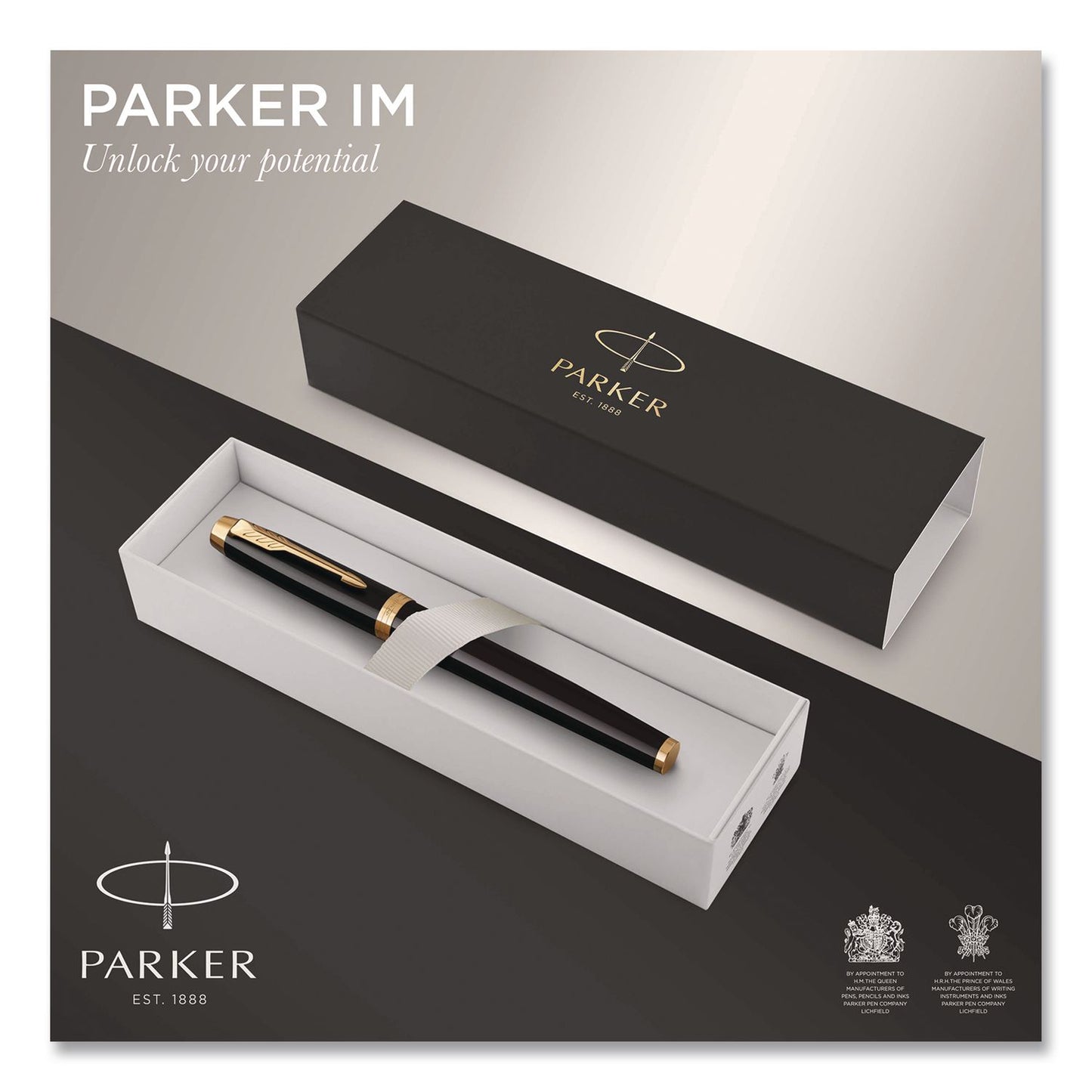 Parker® IM Fountain Pen with Gift Box, Medium Fountain Nib, Blue Ink, Black Lacquer/Gold Barrel (PAR1931645)