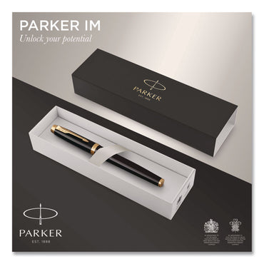 Parker® IM Fountain Pen with Gift Box, Medium Fountain Nib, Blue Ink, Black Lacquer/Gold Barrel (PAR1931645)