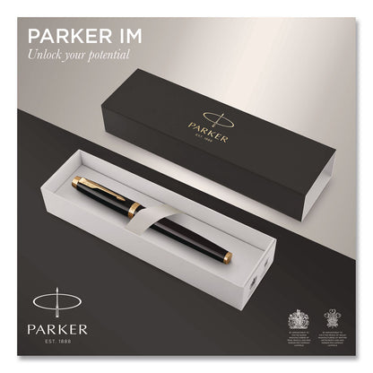 Parker® IM Fountain Pen with Gift Box, Medium Fountain Nib, Blue Ink, Black Lacquer/Gold Barrel (PAR1931645)