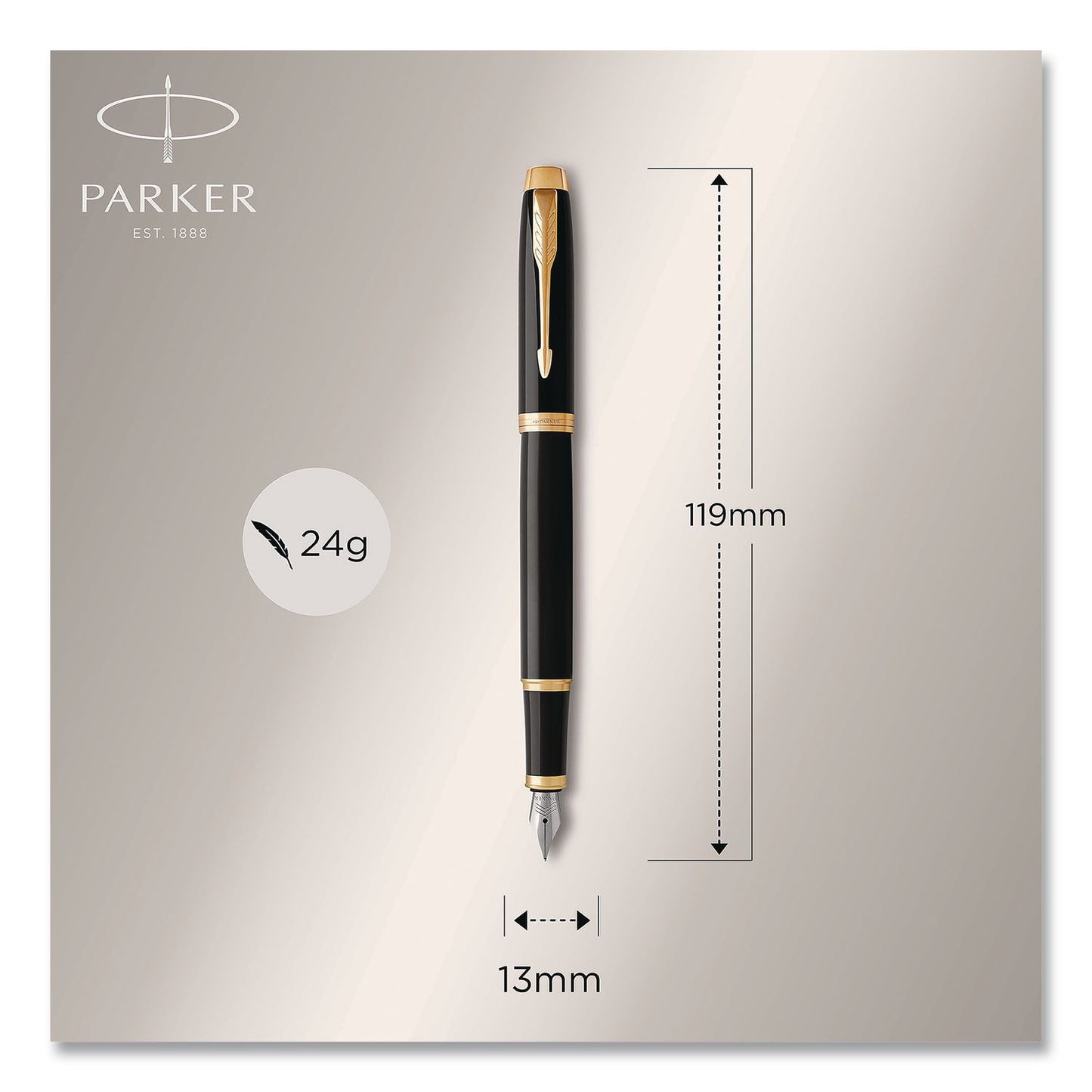 Parker® IM Fountain Pen with Gift Box, Medium Fountain Nib, Blue Ink, Black Lacquer/Gold Barrel (PAR1931645)
