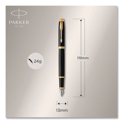 Parker® IM Fountain Pen with Gift Box, Medium Fountain Nib, Blue Ink, Black Lacquer/Gold Barrel (PAR1931645)