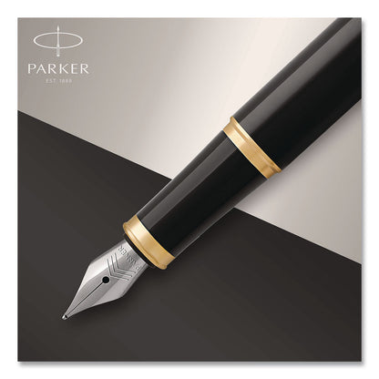 Parker® IM Fountain Pen with Gift Box, Medium Fountain Nib, Blue Ink, Black Lacquer/Gold Barrel (PAR1931645)