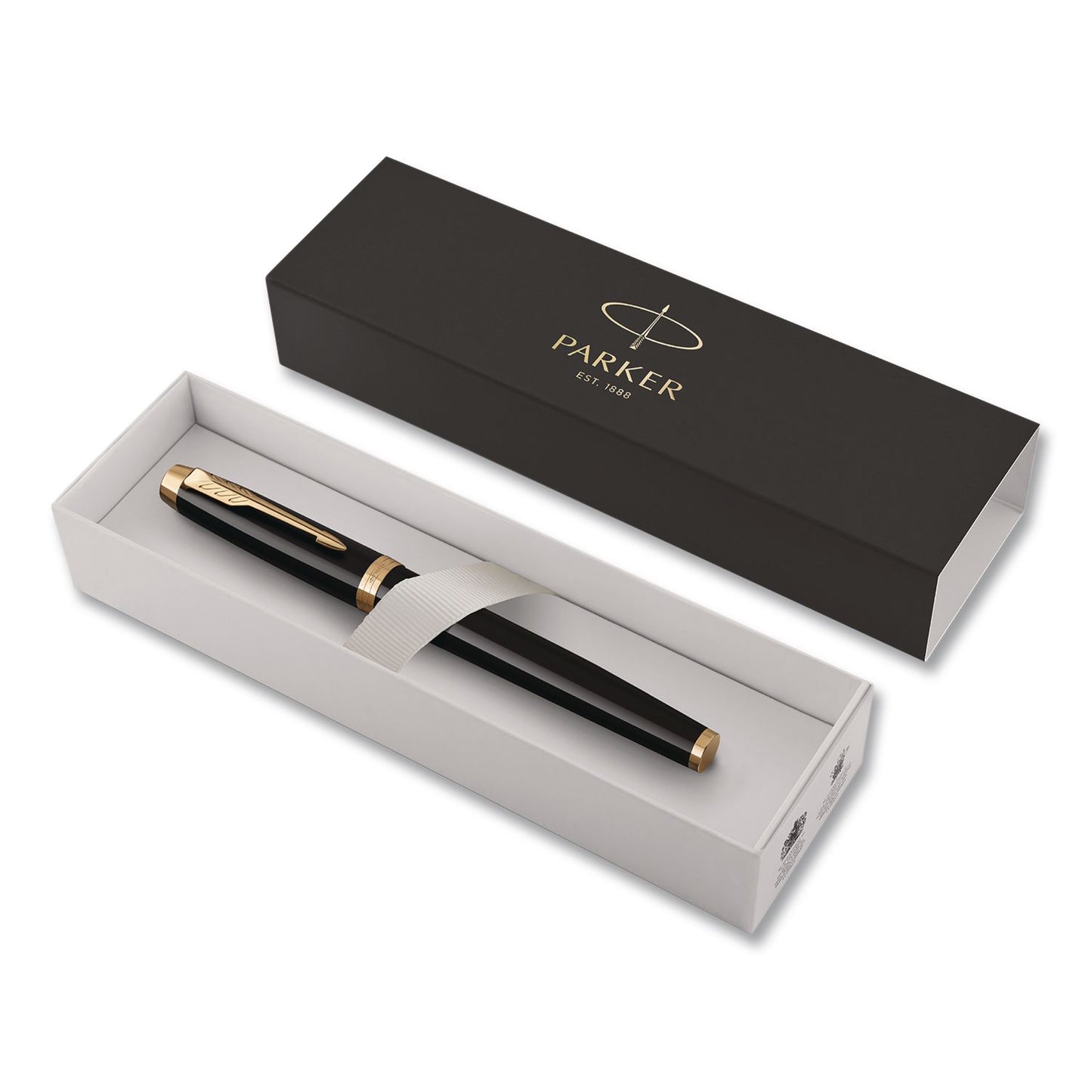 Parker® IM Fountain Pen with Gift Box, Medium Fountain Nib, Blue Ink, Black Lacquer/Gold Barrel (PAR1931645)