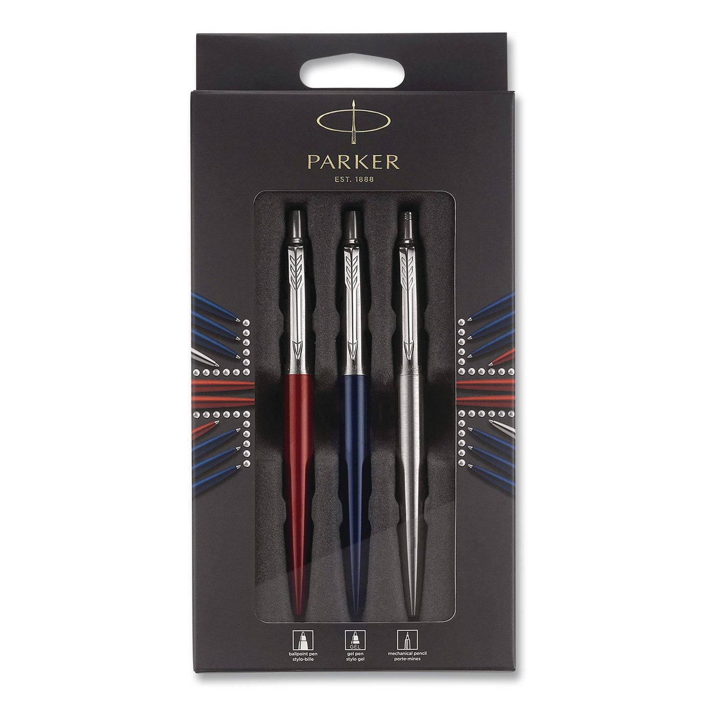 Parker® Jotter Retractable Pen and Pencil Set, (1) Medium Blue Ballpoint Pen, (1) Medium Black Gel Pen, (1) 0.7 mm Mechanical Pencil (PAR2032740)