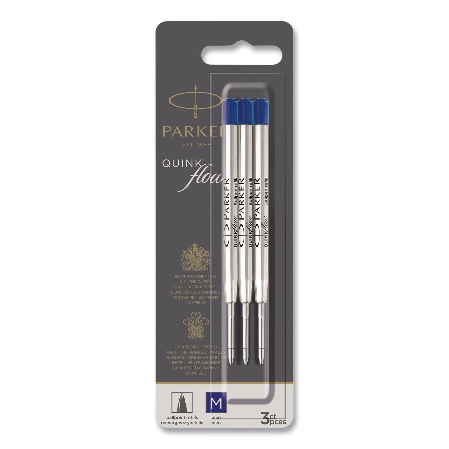 Parker® Quinkflow Refill for Parker Ballpoint Pen, Medium Conical Tip, Blue Ink, 3/Pack (PAR2119152)