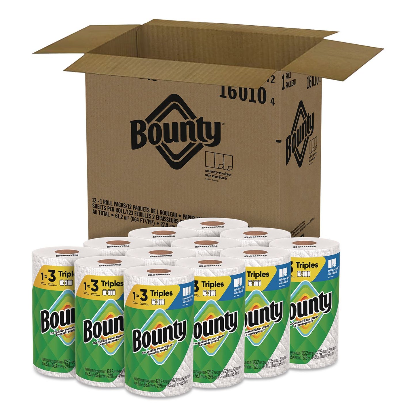 Bounty® Select-A-Size Triple Roll Paper Towels, 2-Ply, 5.9 x 11, White, 123 Sheets/Roll, 12 Rolls/Carton (PGC60107)