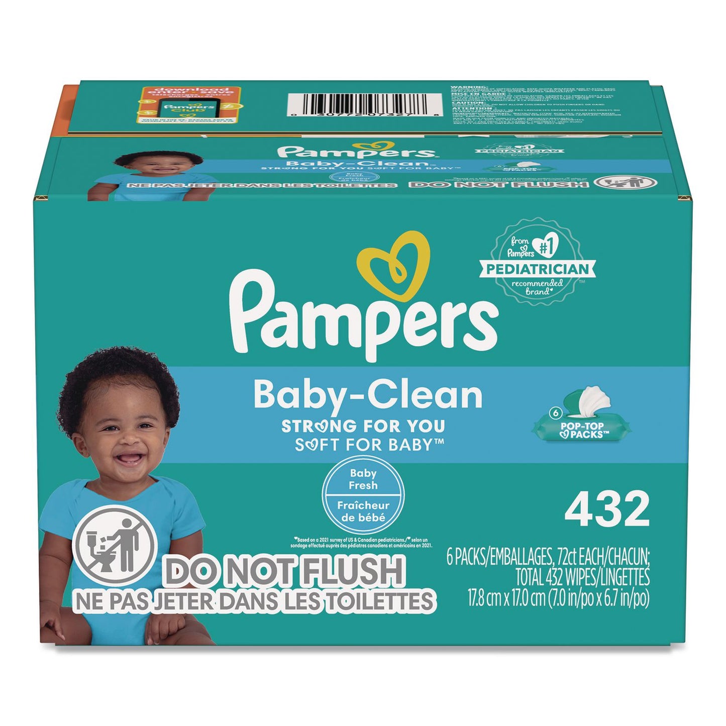 Pampers® Baby-Clean Wipes, 6.7 x 7, Baby Fresh, White, 72 Wipes/Pack, 6 Packs/Carton (PGC73278)