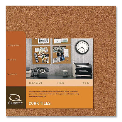 Quartet® Cork Bulletin Board Tiles, 1 ft x 1 ft, Brown Surface, Frameless, 4/Pack (QRT102)