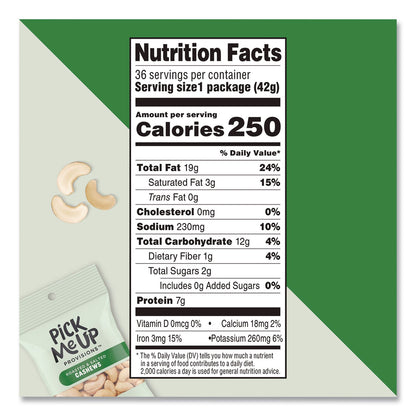 Pick Me Up Provisions™ Roasted and Salted Cashews, 1.5 oz Pouch, 36/Box (PIEPM62981)