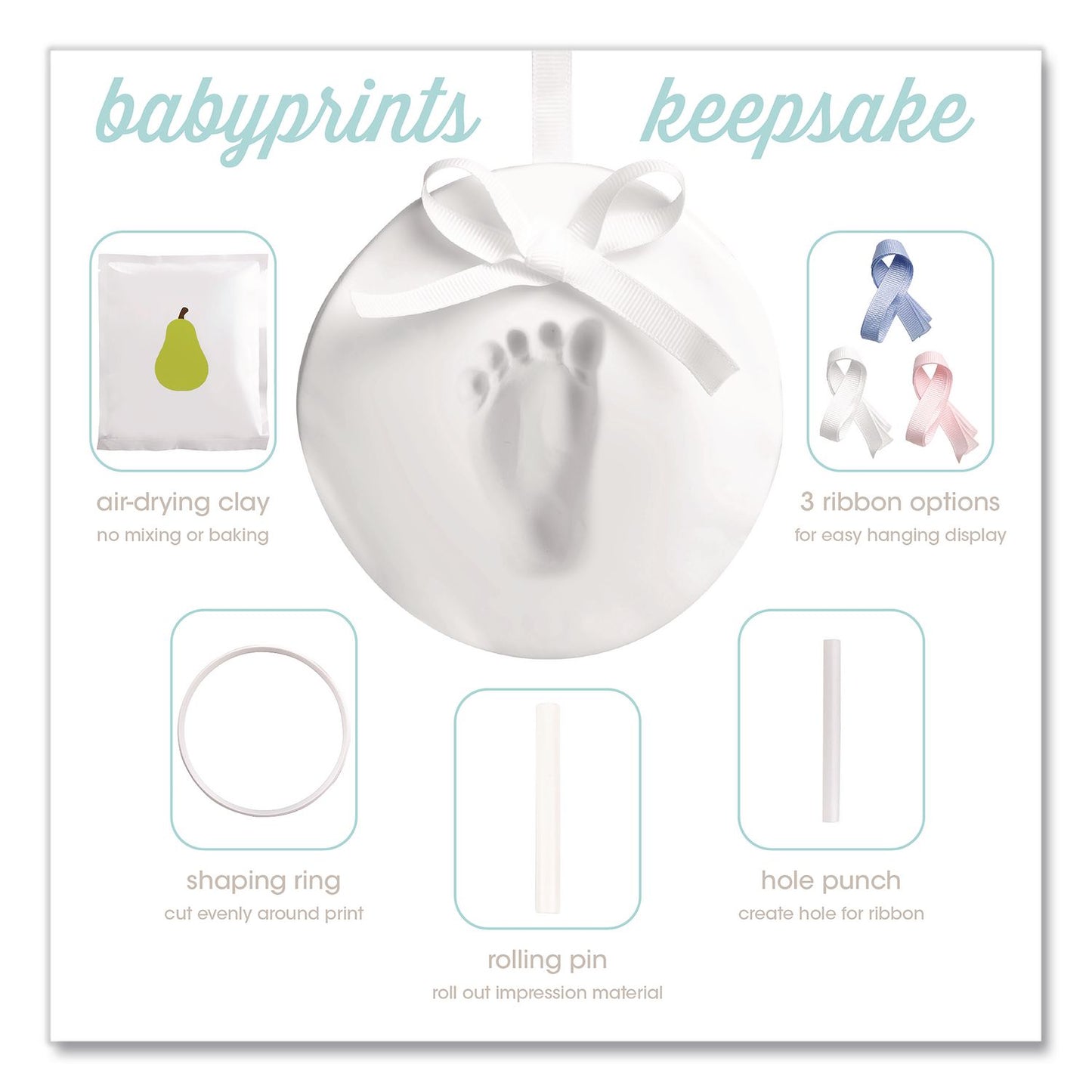 pearhead® Babyprints Handprint or Footprint Keepsake Ornament Kit, 100% Baby Safe Impression Material/Shaping Ring/Ribbon/Pin (PEH50020)