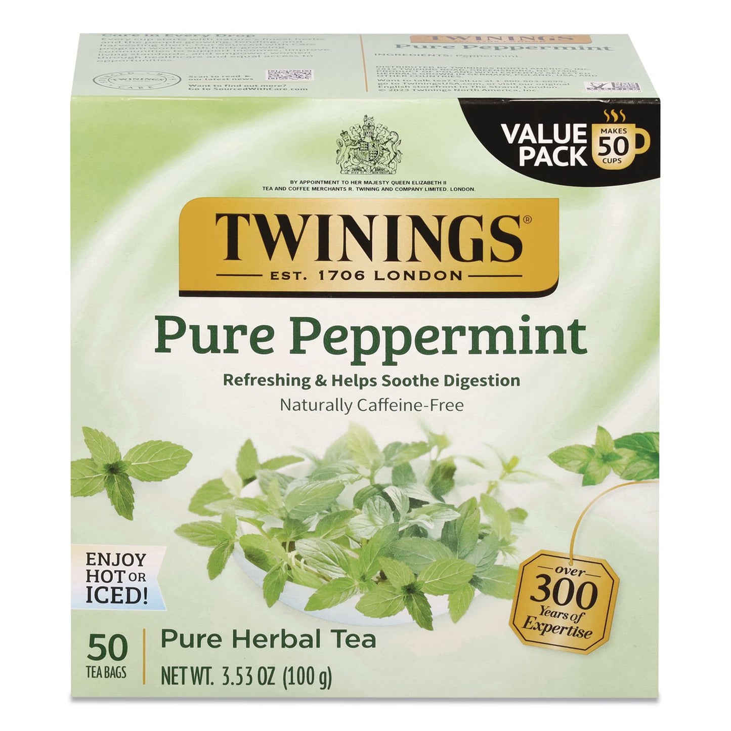 TWININGS® Tea Bags, Pure Peppermint, 0.07 oz Tea Bag, 50/Box (TWGTNA53650)