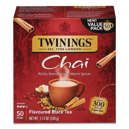 TWININGS® Tea Bags, Chai Black Tea, 0.07 oz Tea Bag, 50/Box (TWGTNA55503)