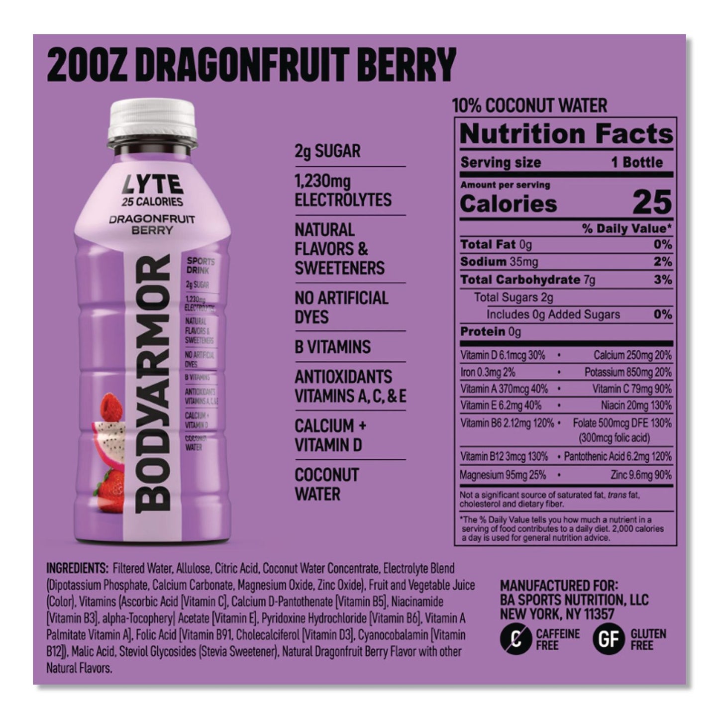 BodyArmor LYTE Sports Drink, Dragonfruit Berry, 16 oz Bottle, 12/Pack (BDA411891)