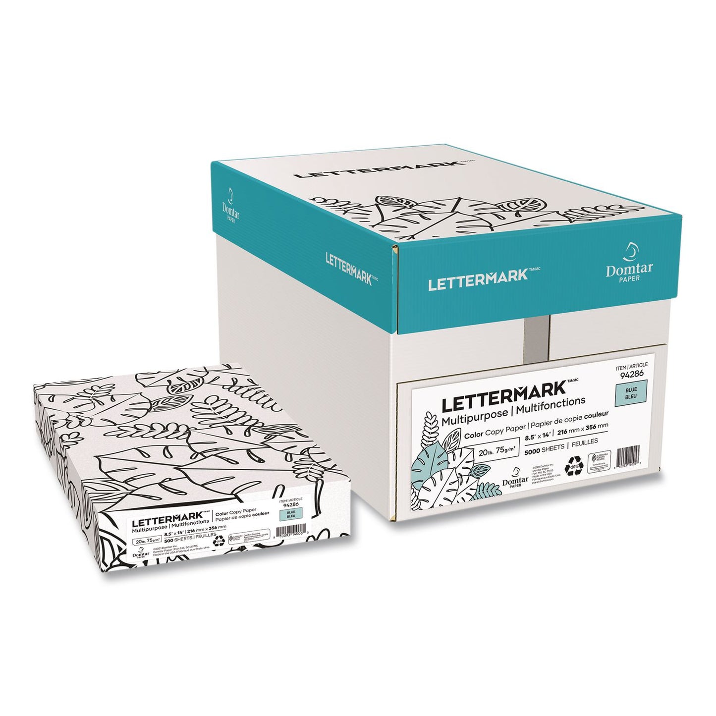 Lettermark™ Colors 30% Recycled Multipurpose Color Paper, 20 lb Bond Weight, 8.5 x 14, Blue, 500 Sheets/Ream, 10 Reams/Carton (DMR94286RMCT)