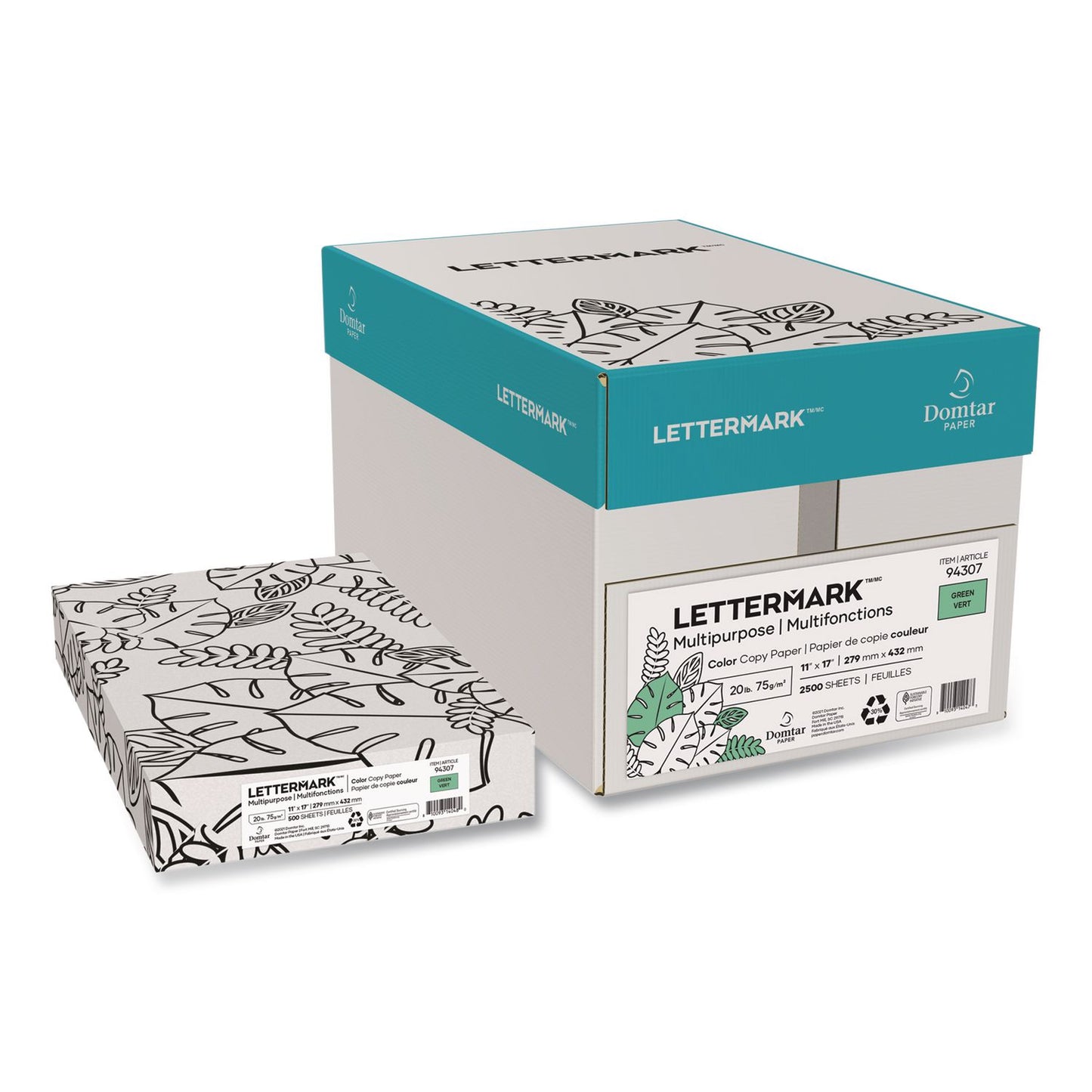 Lettermark™ Colors 30% Recycled Multipurpose Color Paper, 20 lb Bond Weight, 11 x 17, Green, 500 Sheets/Ream, 5 Reams/Carton (DMR94307RMCT)