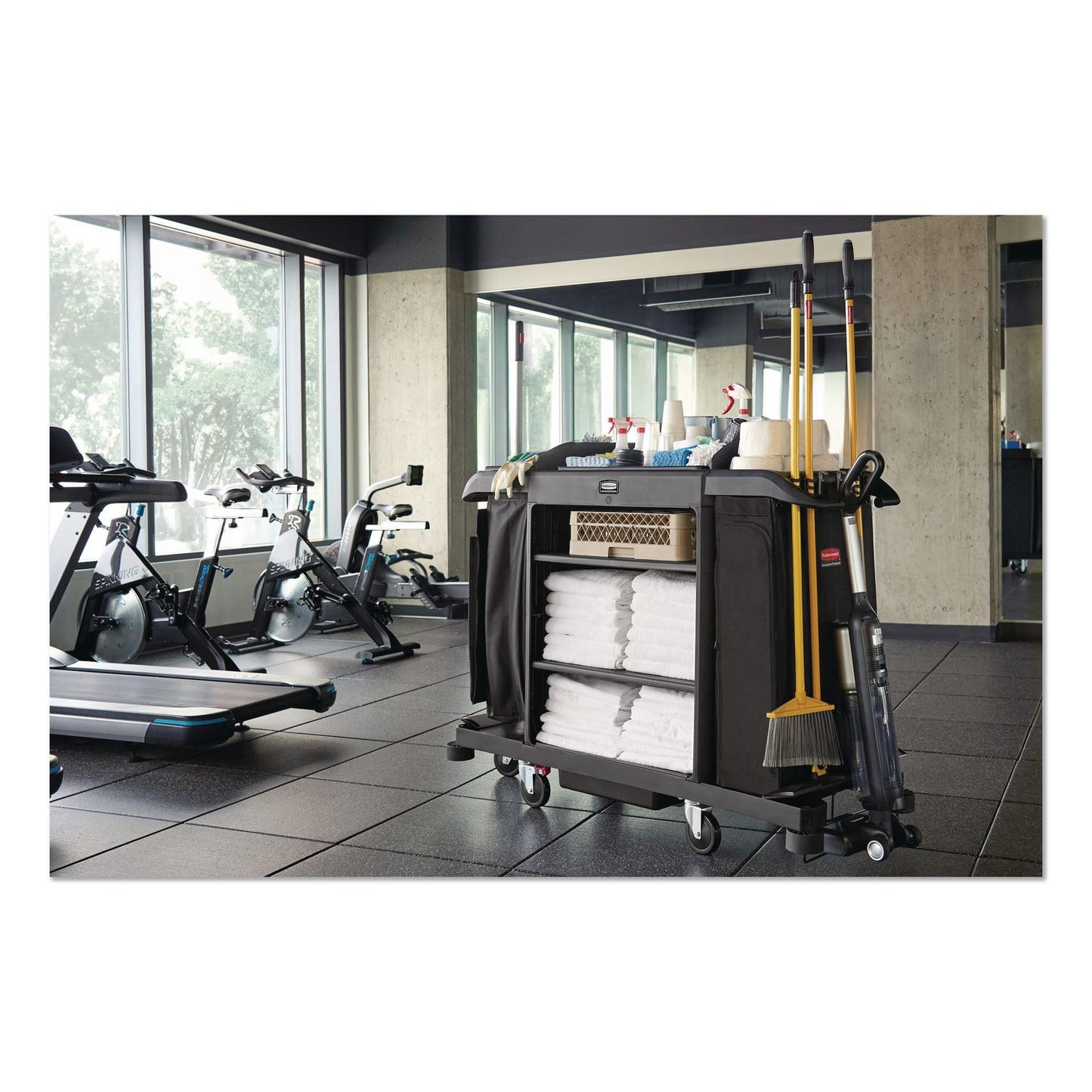 Rubbermaid® Commercial Full Size Housekeeping Cart with Accessory Bundle, Resin, 3 Shelves, 2 Bins, 24.4 x 62.4 x 49, Black (RCP2202527)