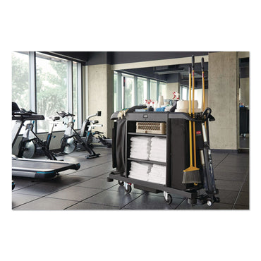 Rubbermaid® Commercial Full Size Housekeeping Cart with Accessory Bundle, Resin, 3 Shelves, 2 Bins, 24.4 x 62.4 x 49, Black (RCP2202527)