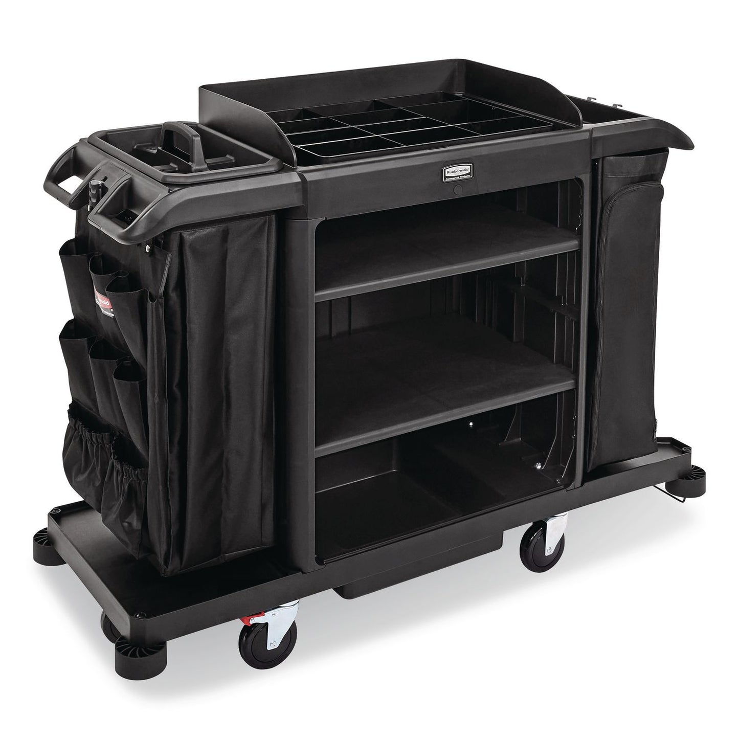 Rubbermaid® Commercial Full Size Housekeeping Cart with Accessory Bundle, Resin, 3 Shelves, 2 Bins, 24.4 x 62.4 x 49, Black (RCP2202527)
