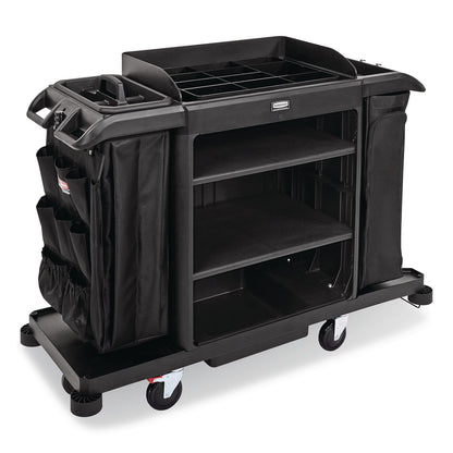 Rubbermaid® Commercial Full Size Housekeeping Cart with Accessory Bundle, Resin, 3 Shelves, 2 Bins, 24.4 x 62.4 x 49, Black (RCP2202527)