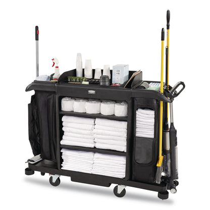 Rubbermaid® Commercial Full Size Housekeeping Cart with Accessory Bundle, Resin, 3 Shelves, 2 Bins, 24.4 x 62.4 x 49, Black (RCP2202527)