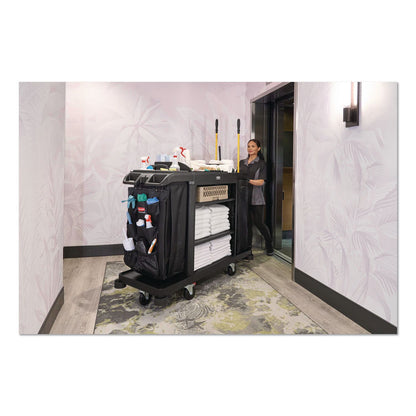 Rubbermaid® Commercial Full Size Housekeeping Cart with Accessory Bundle, Resin, 3 Shelves, 2 Bins, 24.4 x 62.4 x 49, Black (RCP2202527)